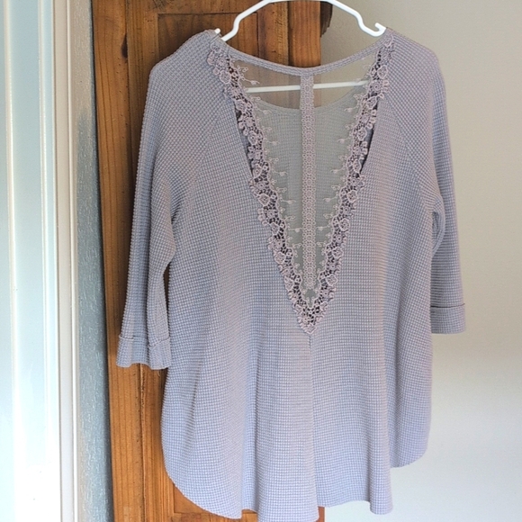 Free People Lavender Gray Bon Bon Lace Back Waffle Knit Thermal Top S - Picture 2 of 10
